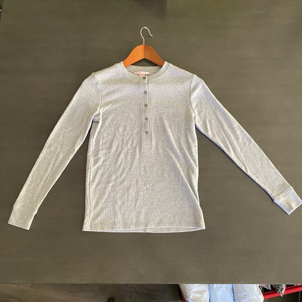 Victoria's Secret Grey Pointelle Henley Soft Long Sleeve Sleep top